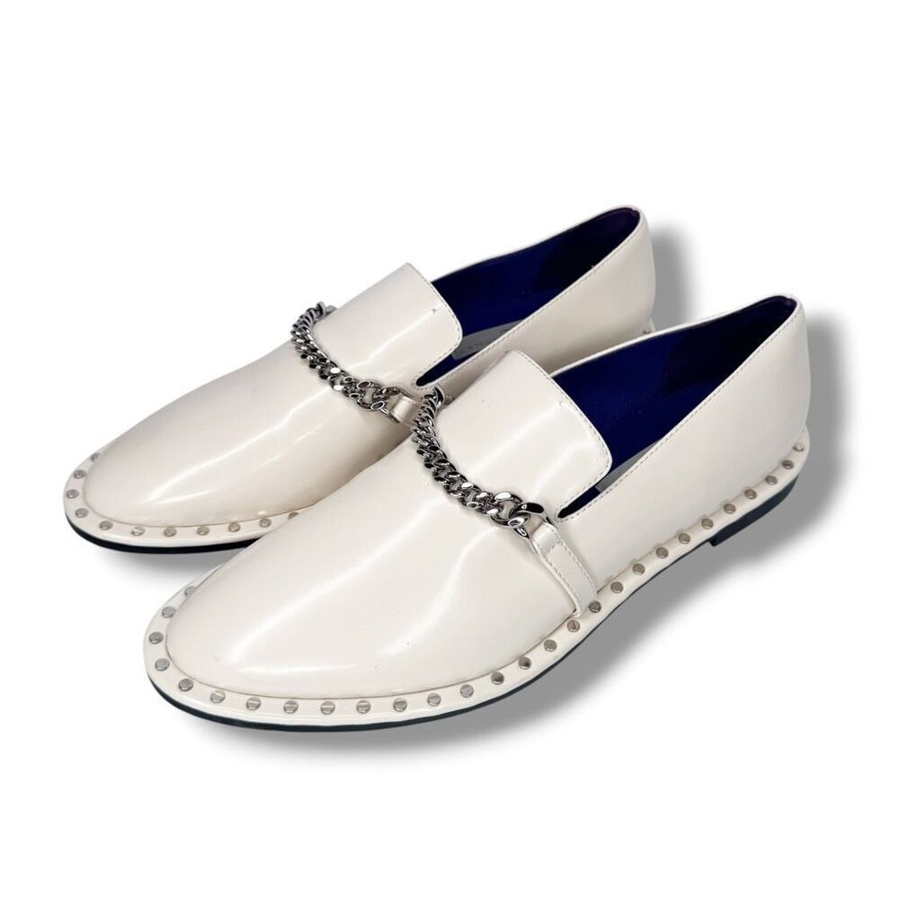 Stella McCartney Falabella Ivory Faux Patent Silver Chain Studded Loafer Size 39